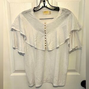 NATION LTD Women's White Gold Button Up Ruffle Popover Short Sleeve Top Size M